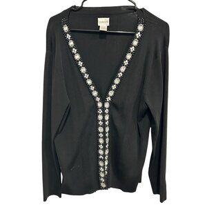Chicos Black Embellished Cardigan Sweater Floral Rhinestone Long Sleeve Sz L